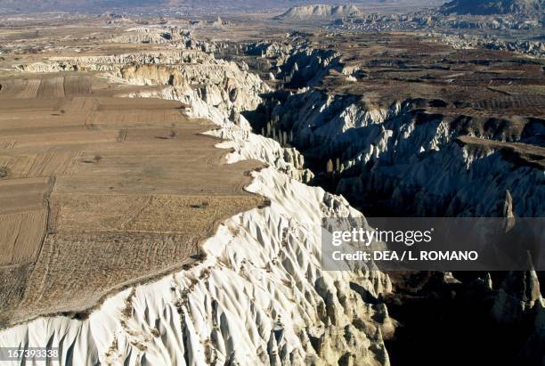 Effects of rock erosion, Cappadocia, Turkey. Aerial view.