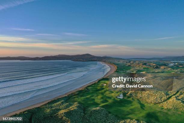 An aerial view of the approach to the green on the 399 yards par 4, 14th hole 'Sheephaven Bay' with the 130 yards par 3, 15th hole 'Magheramagorgan'...