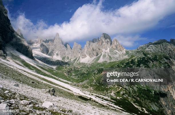 Eleven Peaks and the valley of Mount Popera, Eastern Alps, Veneto, Italy.