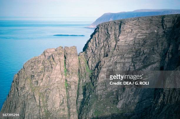 North Cape cliffs, Mageroya Island, Norway.