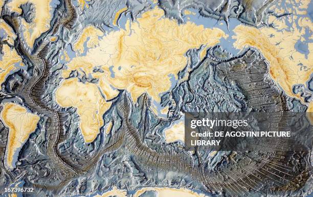 Planisphere of the oceans floor, structure of the mid-oceanic trenches where new crust is created. Colour illustration.