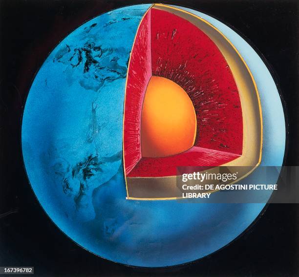 Diagram of the Earth's interior showing the crust , the mantle and the core . Colour illustration.