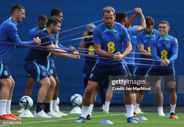 England captain Harry Kane is seen during a training session at Rangers Training Centre on September 11, 2023 in Milngavie, Scotland.