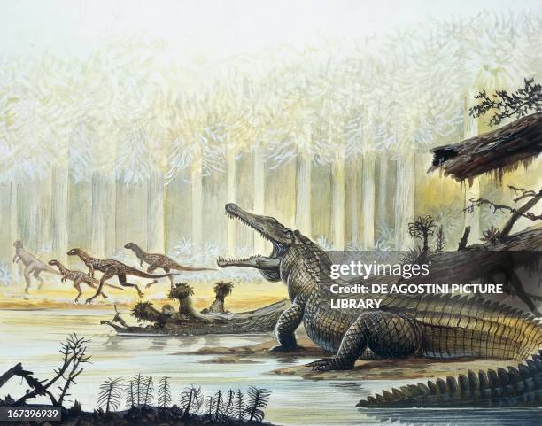 Reconstruction of an archosaur , and Fabrosaurus in the background, Triassic Period. Color illustration.