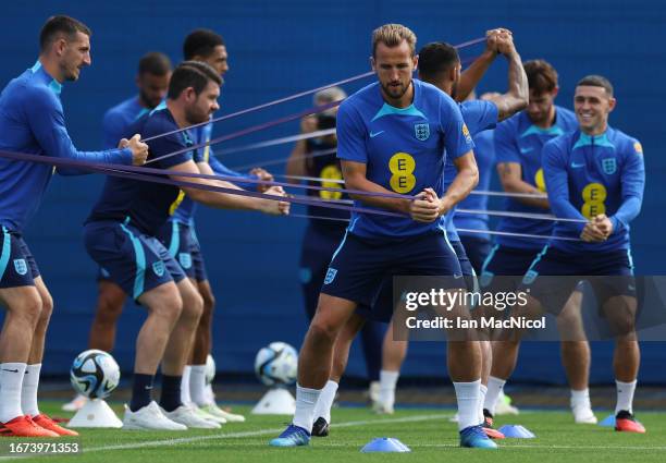 England captain Harry Kane is seen during a training session at Rangers Training Centre on September 11, 2023 in Milngavie, Scotland.