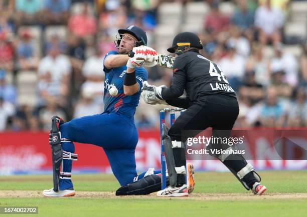 Liam Livingstone of England batting with Tom Latham of New Zealand keeping wicket during the second Metro Bank One Day International match between...