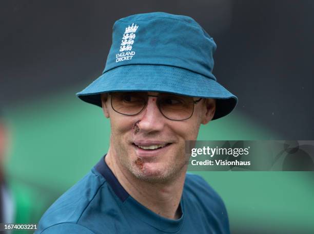 Former England player Andrew Flintoff in his role as mentor to the England team before the second Metro Bank One Day International match between...