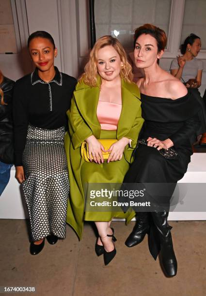 Shalom Brune-Franklin, Nicola Coughlan and Erin O'Connor attend the Emilia Wickstead show during London Fashion Week September 2023 at the Royal...