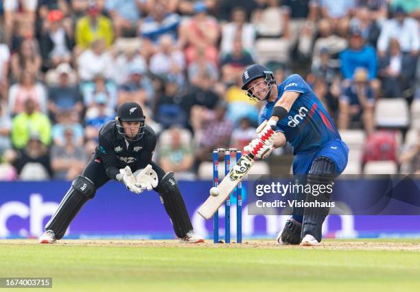 Liam Livingstone of England batting with Tom Latham of New Zealand keeping wicket during the second Metro Bank One Day International match between...