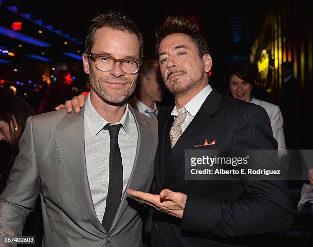 Actors Guy Pearce and Robert Downey Jr. Attend Marvel's Iron Man 3 Premiere after party at Hard Rock Cafe on April 24, 2013 in Hollywood, California.
