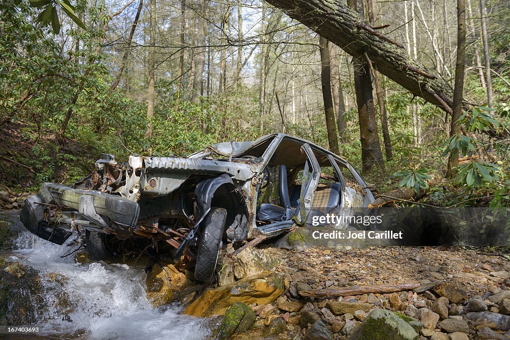 Abandoned wrecked car in woods in Unicoi County, Tennessee