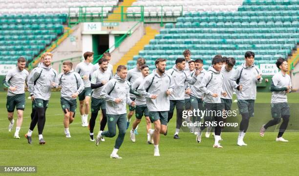 General view of the Celtic squad training during a Celtic training session at Celtic Park, on September 18 in Glasgow, Scotland.