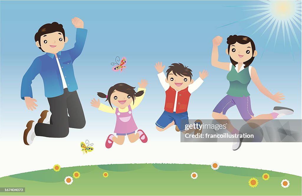 Happy family jumping against blue sky