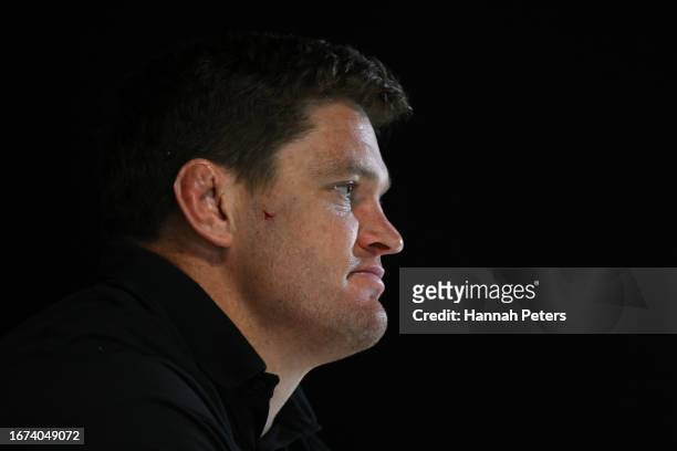 Scott Barrett of the All Blacks talks to the media following a New Zealand All Blacks training session at LOU rugby club ahead of their Rugby World...