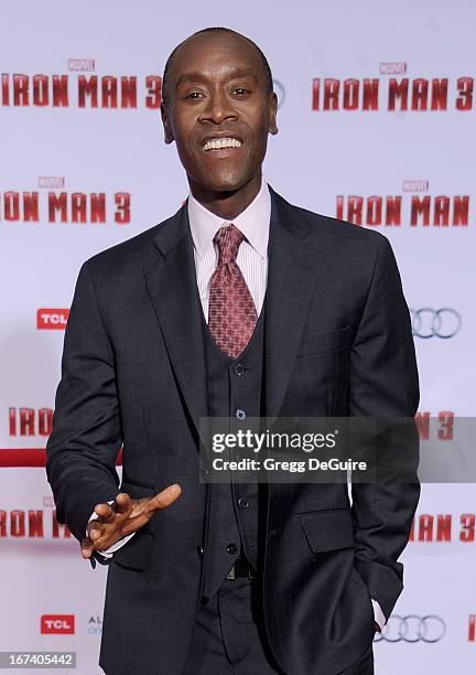 Actor Don Cheadle arrives at the Los Angeles premiere of "Iron Man 3" at the El Capitan Theatre on April 24, 2013 in Hollywood, California.