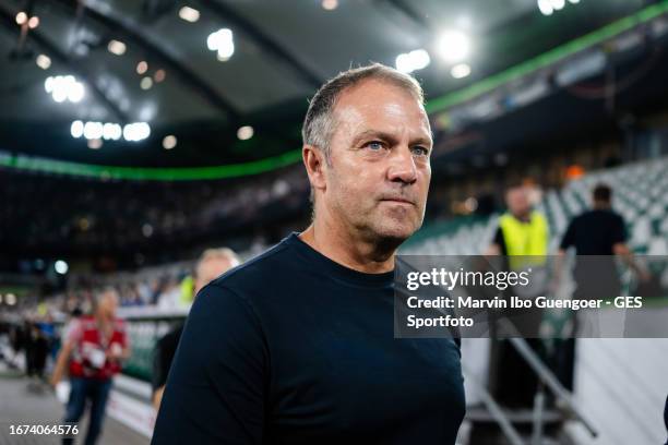 Head Coach Hansi Flick of Germany looks on prior to the international friendly match between Germany and Japan at Volkswagen Arena on September 09,...