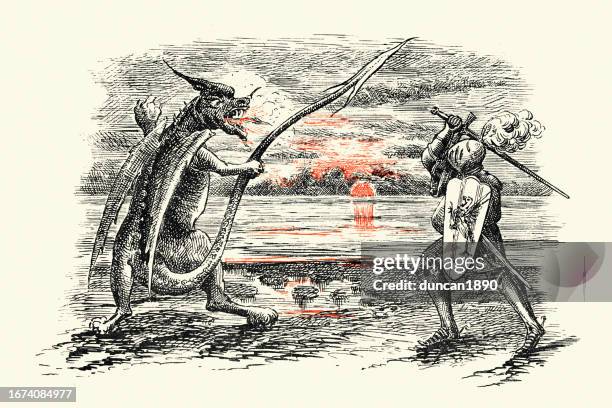 stockillustraties, clipart, cartoons en iconen met medieval knight fighting a fire breathing dragon, fantasy, mythology, comic sketch - draak fictieve figuren