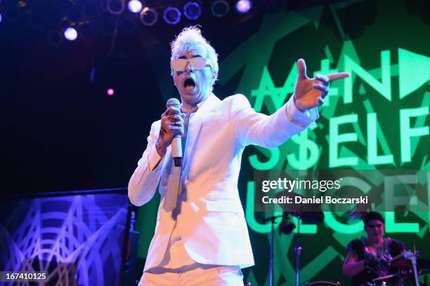 Jimmy Urine of Mindless Self Indulgence performs on stage at House Of Blues Chicago on April 24, 2013 in Chicago, Illinois.