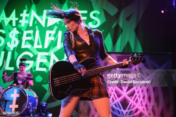 Lyn-Z of Mindless Self Indulgence performs on stage at House Of Blues Chicago on April 24, 2013 in Chicago, Illinois.