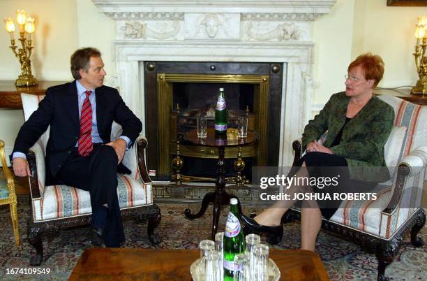 British Prime Minister Tony Blair meets Finnish President Tarja Halonen during her visit to No. 10 Downing Street 11 May, 2004. AFP PHOTO/JOSHUA...