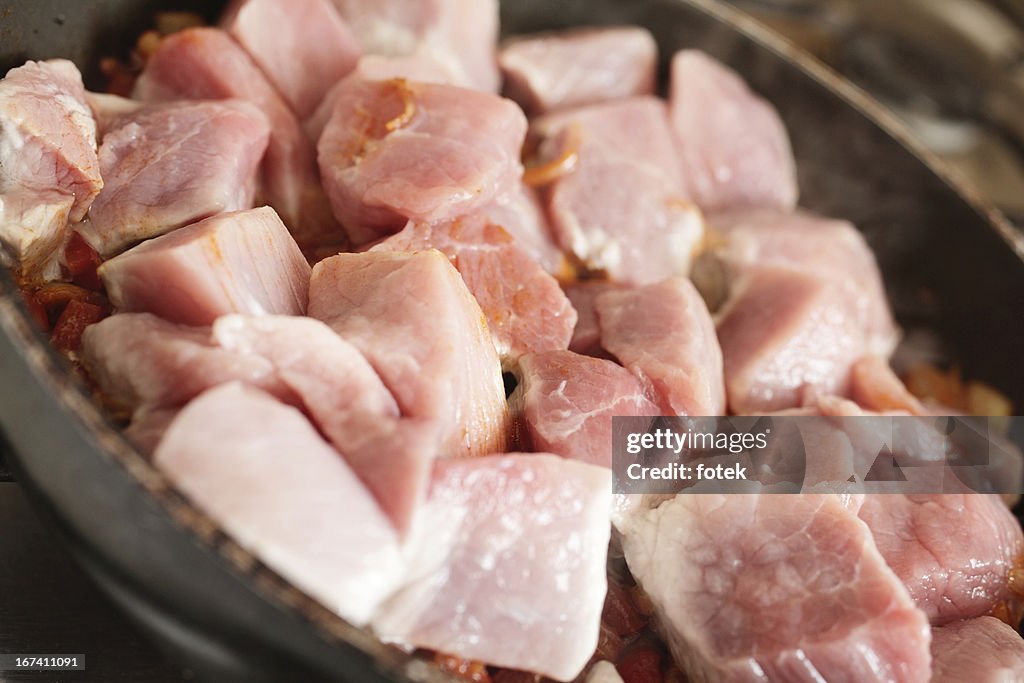 Pork in frying pan