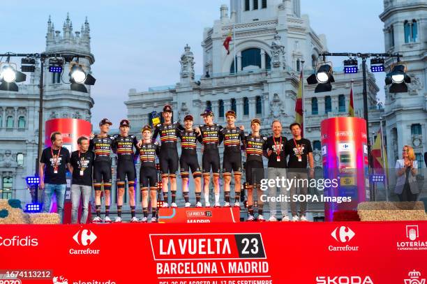 The Jumbo Visma Team Wilco Kelderman, Robert Gesink, Jonas Vingegaard, Dylan Van Baarle, Jan Tratnik, Sepp Kuss, Primoz Roglic, Attila Valter is...