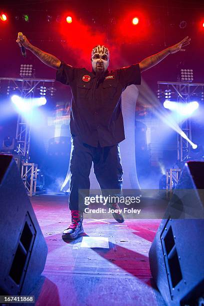 Tech N9ne performs onstage at the Egyptian Room at Old National Centre on April 24, 2013 in Indianapolis, Indiana.