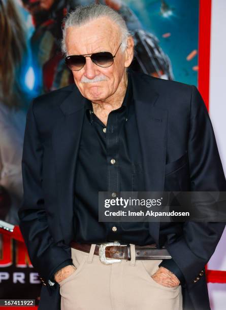 Comic book writer Stan Lee attends the premiere of Walt Disney Pictures' 'Iron Man 3' at the El Capitan Theatre on April 24, 2013 in Hollywood,...