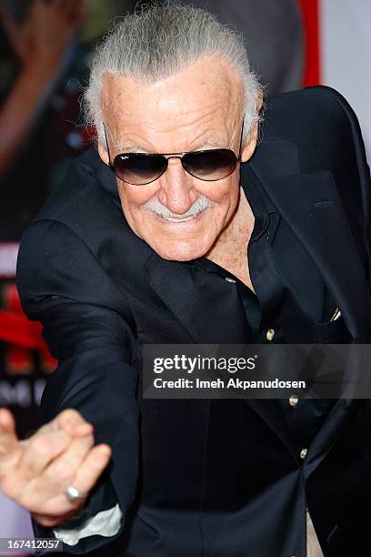 Comic book writer Stan Lee attends the premiere of Walt Disney Pictures' 'Iron Man 3' at the El Capitan Theatre on April 24, 2013 in Hollywood,...