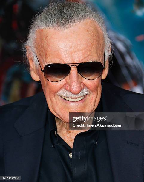 Comic book writer Stan Lee attends the premiere of Walt Disney Pictures' 'Iron Man 3' at the El Capitan Theatre on April 24, 2013 in Hollywood,...