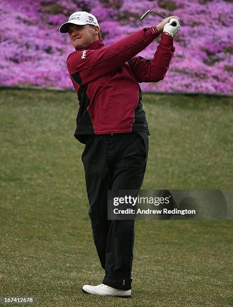 Paul Lawrie of Scotland in action during the first round of the Ballantine's Championship at Blackstone Golf Club on April 25, 2013 in Icheon, South...