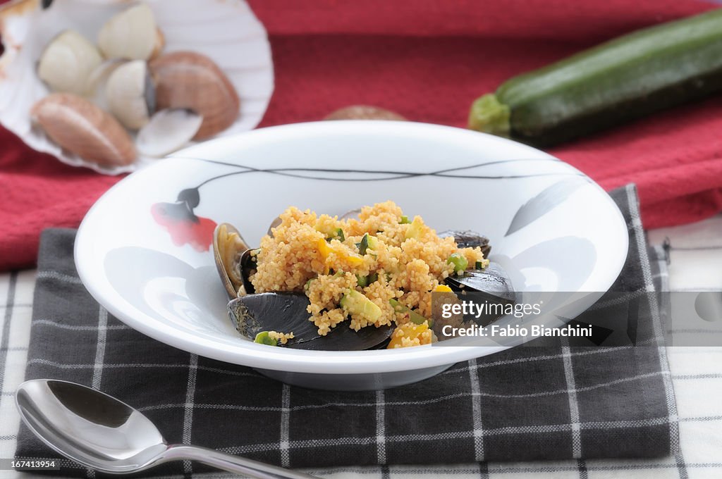 Couscous with clams, mussels and vegetables