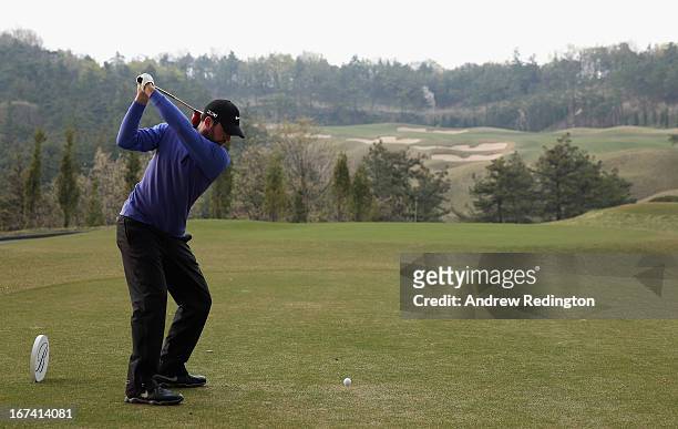 Scott Jamieson of Scotland in action during the first round of the Ballantine's Championship at Blackstone Golf Club on April 25, 2013 in Icheon,...