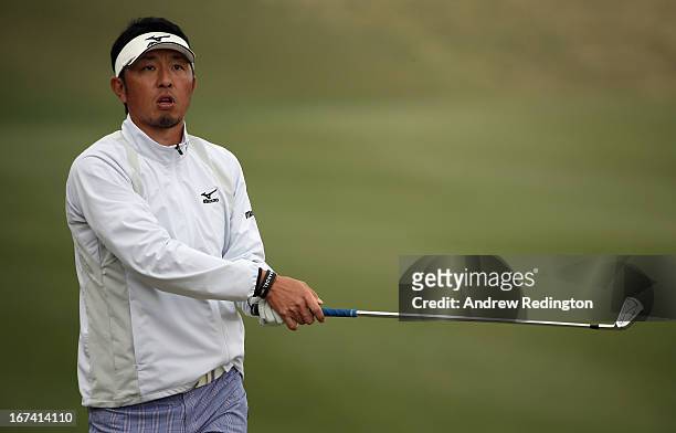 Masanori Kobayashi of Japan in action during the first round of the Ballantine's Championship at Blackstone Golf Club on April 25, 2013 in Icheon,...