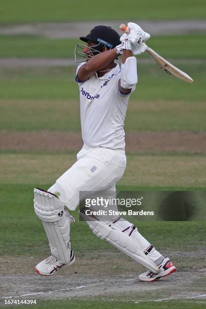 Cheteshwar Pujara of Sussex hits a si during the LV= Insurance County Championship Division 2 match between Sussex and Leicestershire at The 1st...