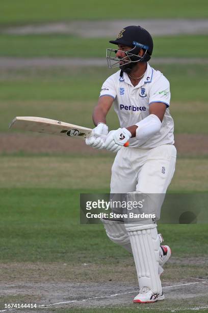 Cheteshwar Pujara of Sussex hits a six during the LV= Insurance County Championship Division 2 match between Sussex and Leicestershire at The 1st...