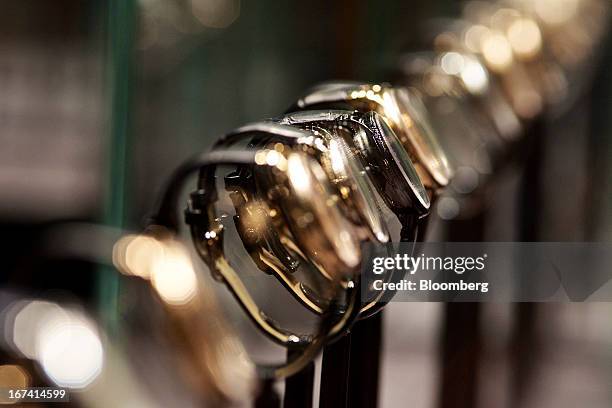 Wristwatches sit on display at the Jaquet Droz booth, a unit of Swatch Group AG, during the Baselworld watch fair in Basel, Switzerland, on...