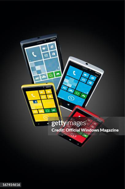 Selection of Nokia Lumia 920 and 820 smartphones photographed on black, taken on September 24, 2012.