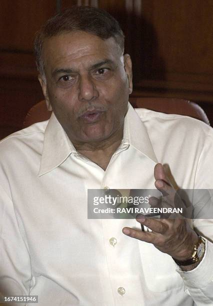 Indian Foreign Minister Yashwant Sinha gestures as he gives an exclusive interview with AFP at his office in New Delhi, 02 April 2003. Sinha said...