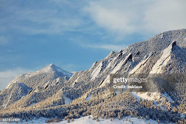 winter snow on the boulder colorado flatirons - boulder co stock pictures, royalty-free photos & images