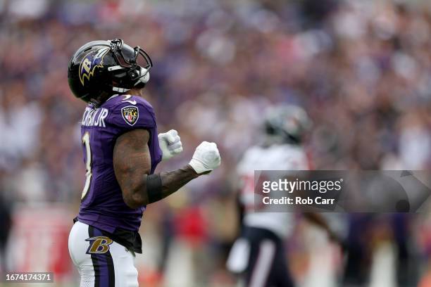 Odell Beckham Jr. #3 of the Baltimore Ravens celebrates after his first catch of the game Houston Texans at M&T Bank Stadium on September 10, 2023 in...
