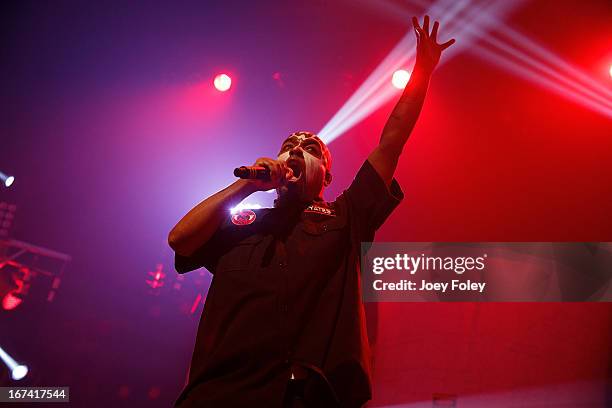 Tech N9ne performs onstage at the Egyptian Room at Old National Centre on April 24, 2013 in Indianapolis, Indiana.