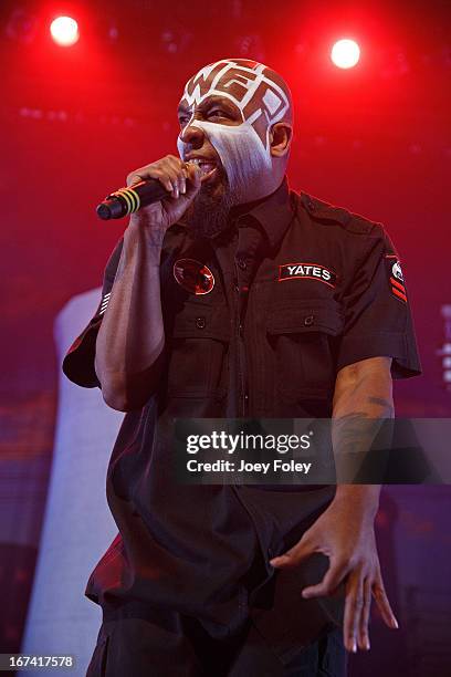 Tech N9ne performs onstage at the Egyptian Room at Old National Centre on April 24, 2013 in Indianapolis, Indiana.