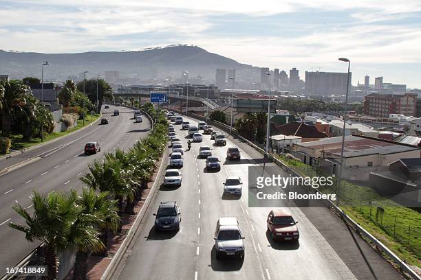 Commuter traffic exits the city center on a highway in Cape Town, South Africa, on Wednesday, April 24, 2013. South Africa's gross domestic product...