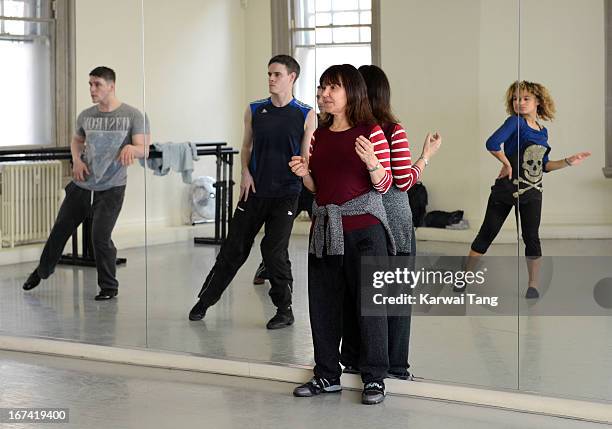 Arlene Phillips choreographs and leads rehearsals of a dance routine to be performed at the Olivier Awards 2013, at The Old Finsbury Town Hall on...