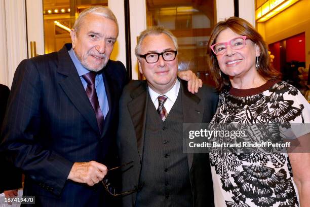 Ruggiero Raimondi, Jean-Marie Fournier and Isabelle Raimondi attend Salle Gaveau 105th Anniversary on April 24, 2013 in Paris, France.