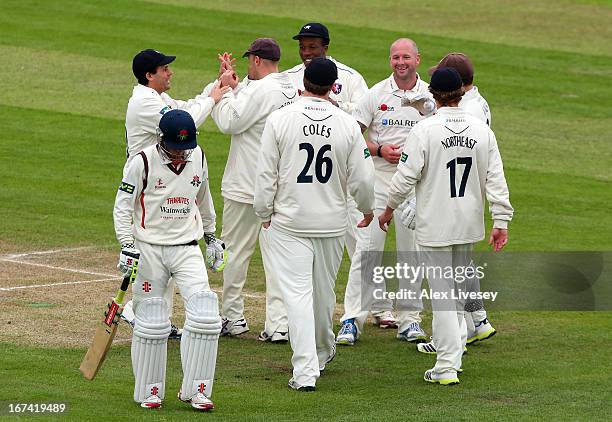 Darren Stevens of Kent celebrates with team mates after taking the wicket of Luke Procter of Lancashire during the LV County Championship Division...