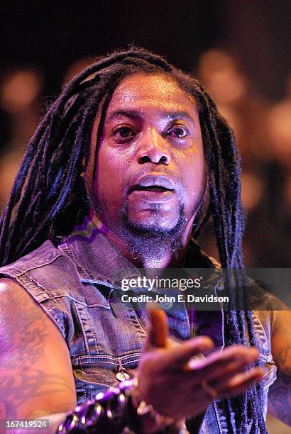 LaJon Witherspoon of Sevendust performs at The Tabernacle on April 24, 2013 in Atlanta, Georgia.