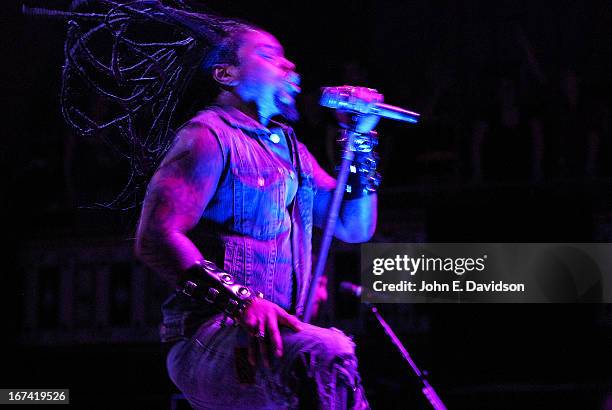 LaJon Witherspoon of Sevendust performs at The Tabernacle on April 24, 2013 in Atlanta, Georgia.