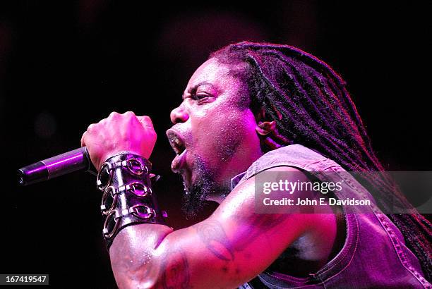 LaJon Witherspoon of Sevendust performs at The Tabernacle on April 24, 2013 in Atlanta, Georgia.